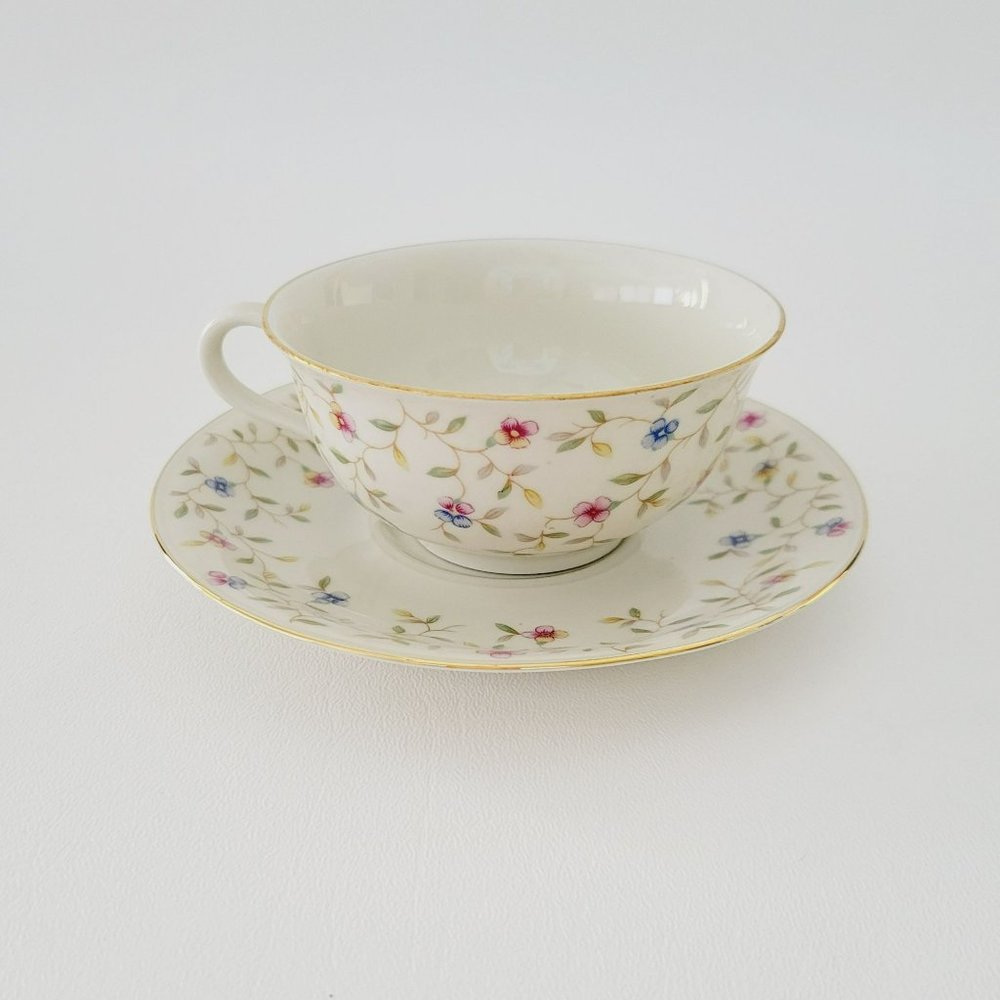 Vintage Bavaria Elfenbein Chintz Floral Teacup & Saucer, Pink & Blue, German Tea